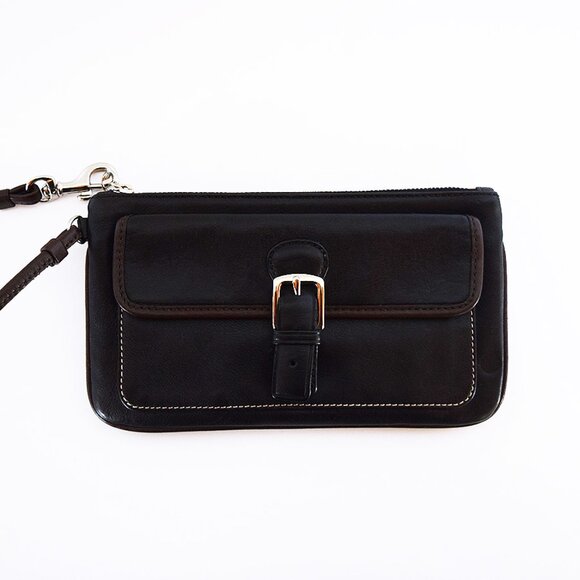 Coach Black Leather Wristlet With Brown Trim - Picture 4 of 15